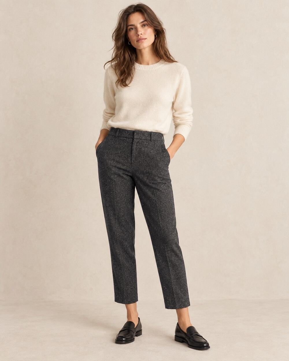 Sรฉzane Wool Silk Blend Cropped Trousers 38 Charcoal Gray Speckled Tailored Pants